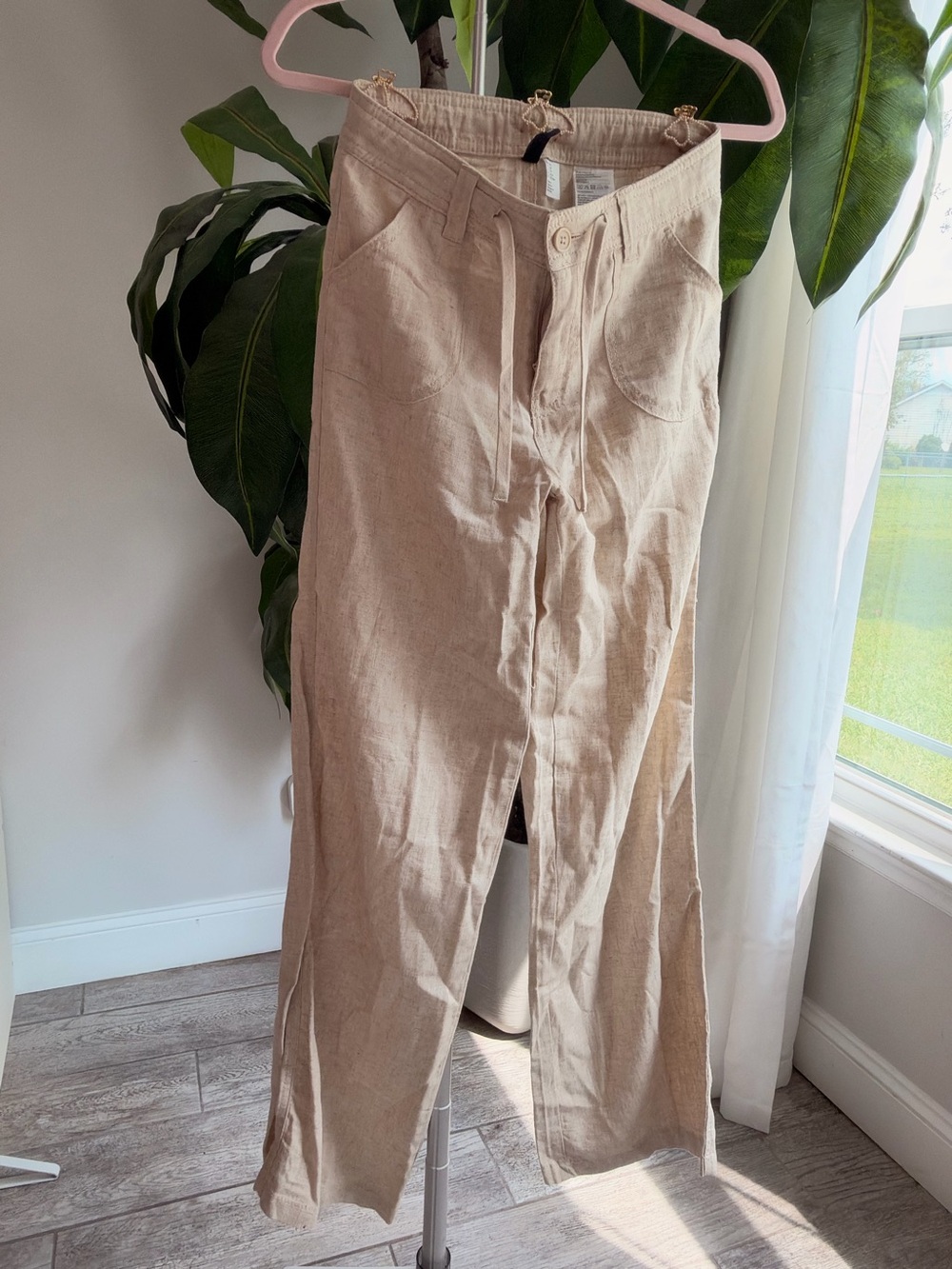 Divided Beige Drawstring Linen-Blend Chinos